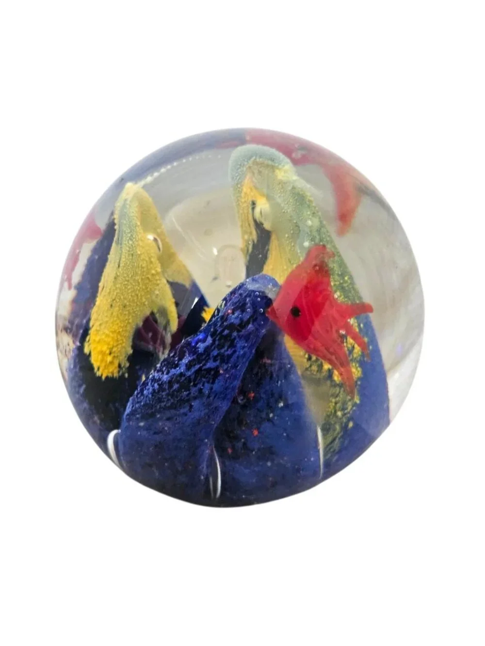 Round Art Glass Paperweight Fish Coral Ocean Blue Yellow Controlled Air Bubbles